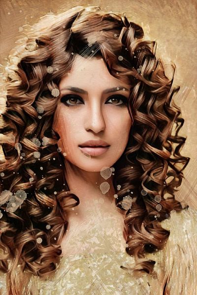 Golden women with brown curly hair - series of 3 by Emiel de Lange