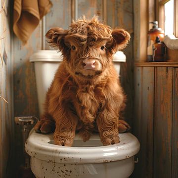 Humorous highland cattle on the toilet in the rustic bathroom by Felix Brönnimann