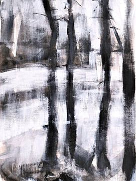 Arbres noirs et blancs au bord de l'eau - encre & peinture sur Lily van Riemsdijk - Art Prints with Color