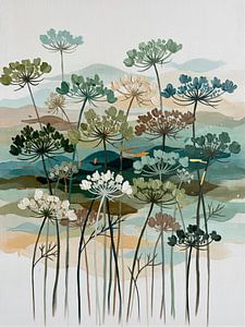Biophiles Design. Botanische Blüten in sanften Grün- und Blautönen