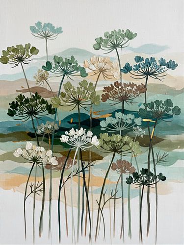 Biophilic Design. Botanical umbelliferous flowers in soft shades of green and blue