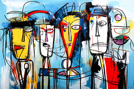 560 - Painting featuring four faces, in the style of Herman Brood, colourful, abstract by John Joseb Art