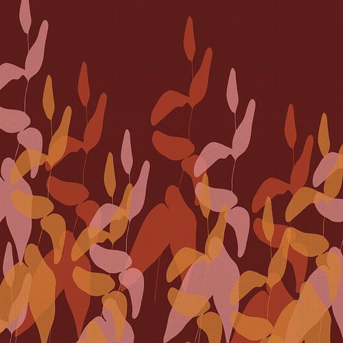 Feuilles en terra, rose, jaune sur rouge vin. Abstrait botanique automnal sur Dina Dankers