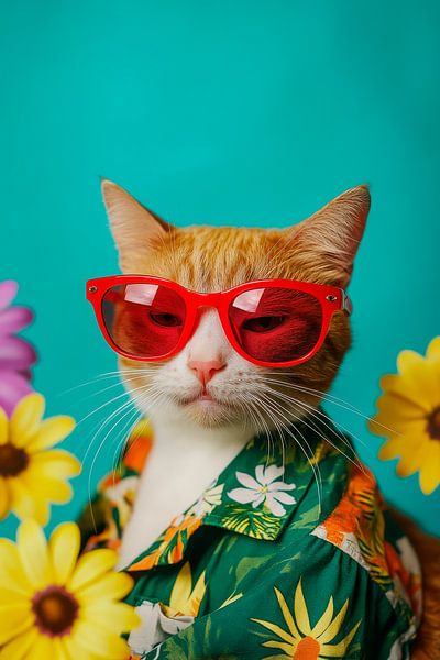 Un chat stylé dans un look d'été fleuri par Poster Art Shop