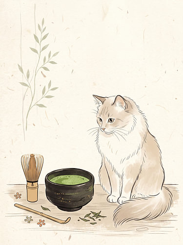 Gentle Cat Sharing A Peaceful Matcha Ritual Among Botanical Leaves