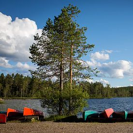 Kanoe aan het meer in Zweden van Heleen Klop