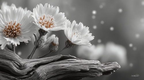 drijfhout met bloemen