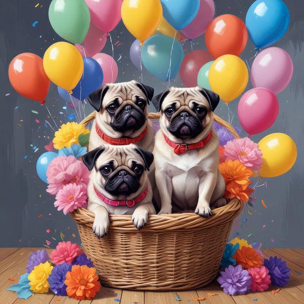 A Basket Full of Pugs and Balloons by Laly Laura