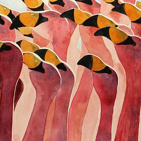 Group of pink flamingos (colorful watercolor painting beautiful birds flamingo animals tropical chee by Natalie Bruns