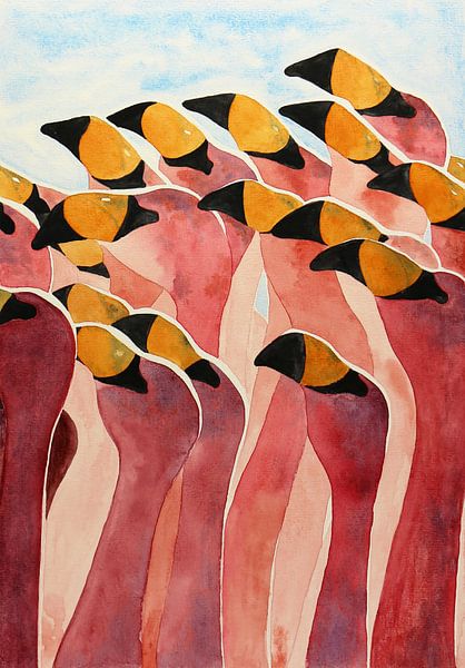 Groupe de flamants roses (peinture aquarelle colorée beaux oiseaux flamants animaux tropicaux joyeux par Natalie Bruns
