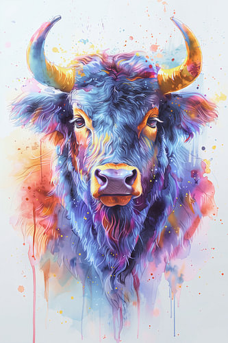 Un taureau d'un bleu éclatant jaillit de la peinture.