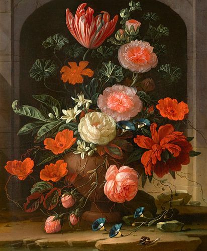 Still life with roses tuberoses tulip bindweed and other flowers in a niche, Elias van den broeck