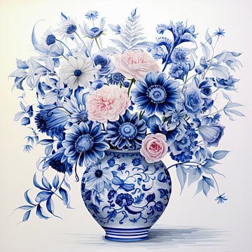 Wildblumenstrauß in delfterblauer Vase von Vlindertuin Art