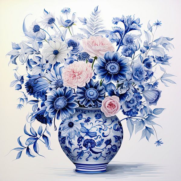 Bouquet de fleurs sauvages dans un vase bleu de Delft par Vlindertuin-Art