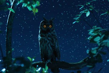 Long-eared owl with glowing eyes watching the surroundings at night by Besa Art