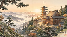 Golden Sunrise Mountain Japanese Temple Sanctuary by my pixel art
