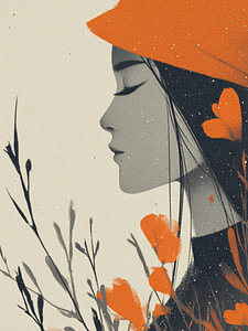 Minimalistisches Frauenporträt mit orangefarbenen Blumen – Moderne Kunst
