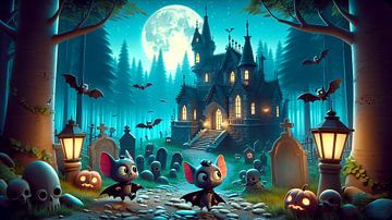 Visite nocturne hantée d'Halloween dans la forêt des chauves-souris sur artefacti