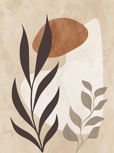 Contemporary tropical floral and botanical art in earth tones