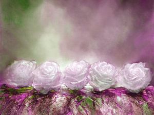 Snow Roses - rose et vert avec du blanc sur Annette Schmucker