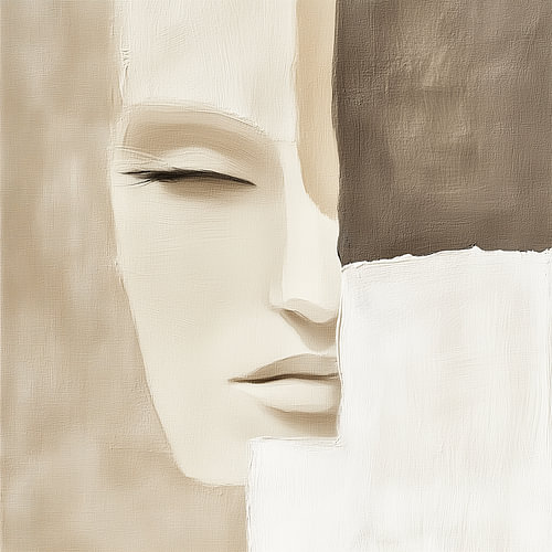 Verstilde Schoonheid – modern abstract vrouwenportret structuur beige wit