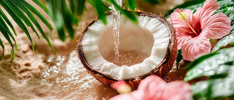 Kokosnoot met water en bloemstuk van Poster Art Shop