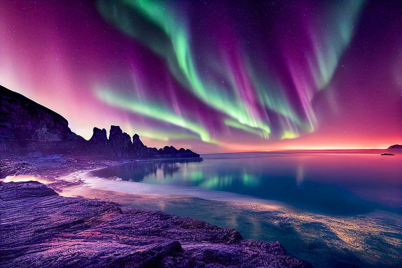 Nordlichter Aurora am Strand mit See von Animaflora PicsStock