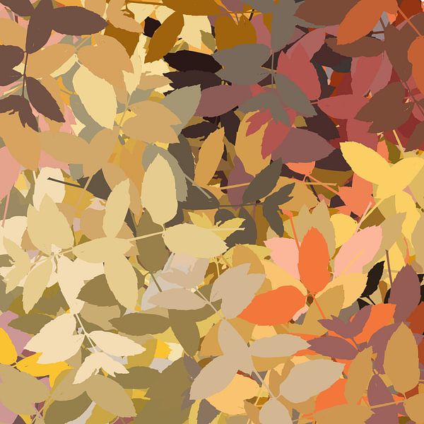 Modern abstract botanical art in  warm retro colors. Colorful leaves by Dina Dankers