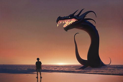 Magisch Kunstwerk 'Leviathan' bij Schemering aan een Rustig Meer - Betoverende Wanddecoratie