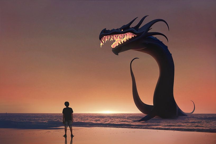 Magisch Kunstwerk 'Leviathan' bij Schemering aan een Rustig Meer - Betoverende Wanddecoratie van Elianne van Turennout