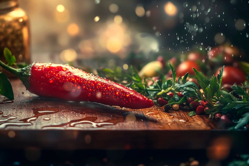 Fresh red chilli on a wooden board by Poster Art Shop