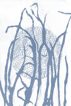 Ikigai. Zon en gras. Abstracte Zen kunst. Japanse stijl in blauw en wit IV van Dina Dankers