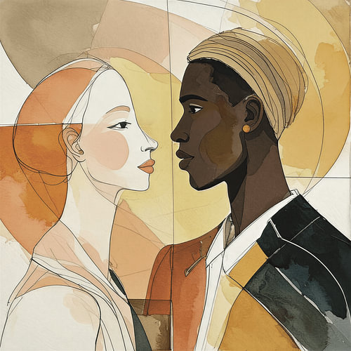 A romantic portrait of two people from different cultures