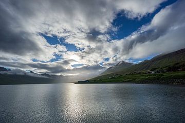 IJsland - Fjord tussen groene bergen en huizen in magisch licht van de zon van adventure-photos