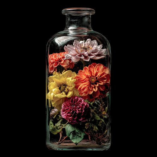 Bunte Blumen in einer Glasflasche