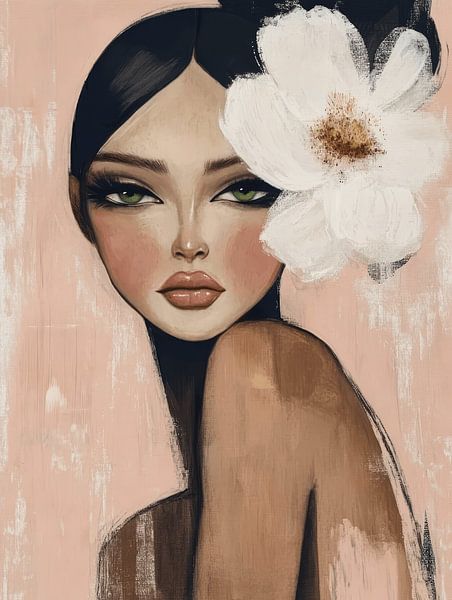 Portrait aux couleurs pastel avec fleur blanche par Carla Van Iersel