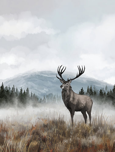 Red Deer in the Morning Mist | Serene Mountain Landscape
