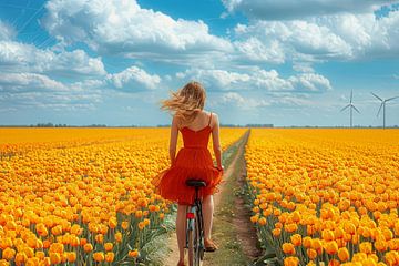 une femme fait du vélo dans un champ de tulipes sur Egon Zitter