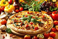 Handwerklich hergestellte Pizza mit frischen Kräutern und Gemüse