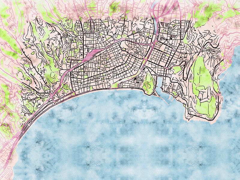 Map of Nice centrum with the style 'Soothing Spring' by Maporia