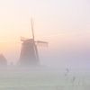 Windmolen De Koker in Wormer tijdens zonsopkomst in nevel van Pieter Struiksma