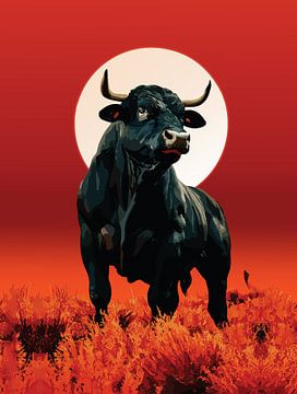 Midnight Fury - Majestic Black Bull Under Crimson Moon Muur Art van Ramy Salah Hefny