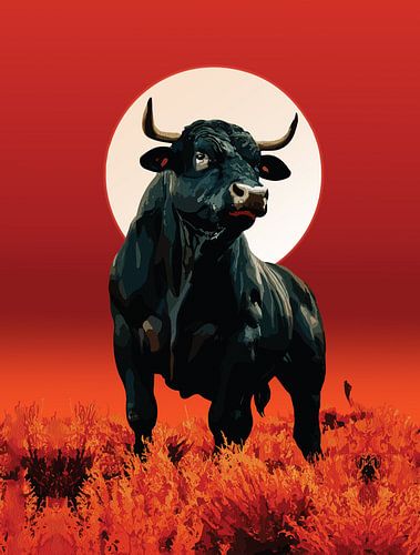 Midnight Fury - Majestätischer schwarzer Stier unter karminrotem Mond Wandkunst