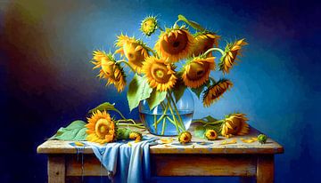 Stilleben Sonnenblumen in blauer Glasvase
