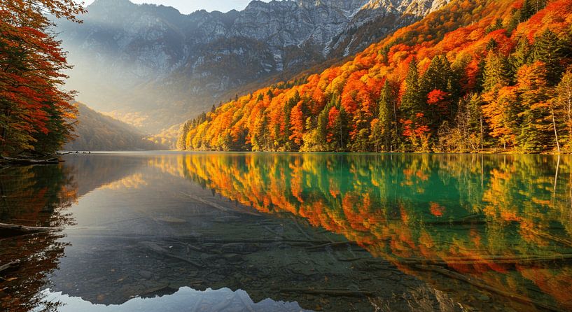 Herfstreflecties op het bergmeer - natuurkunst in warme kleuren van ButterflyPix
