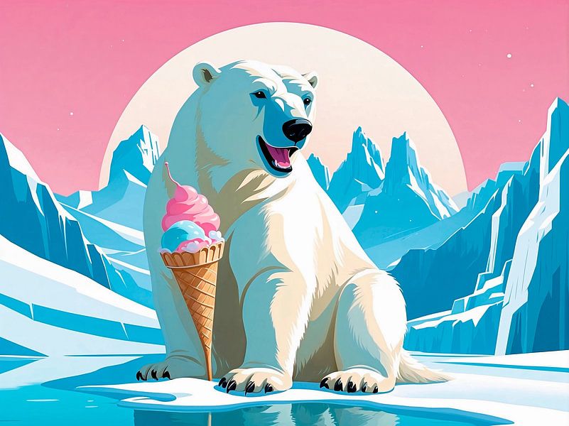 Eisbär mit Eis in der Waffel - Fantasie mit rosa Wolken von Liona Toussaint