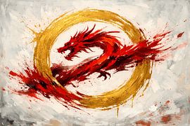 Der rote Drache: Expressive Ölmalerei mit goldenem Enso-Zirkel von ButterflyPix