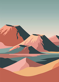Berglandschaft mit einem ruhigen See und pastellfarbenen Wüstentönen von Adam Khabibi