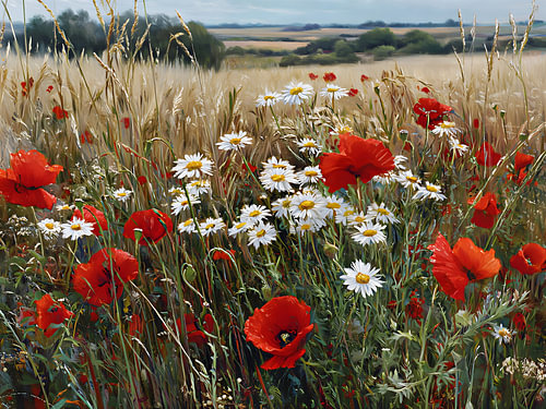 Wiese mit Mohnblumen und Gänseblümchen
