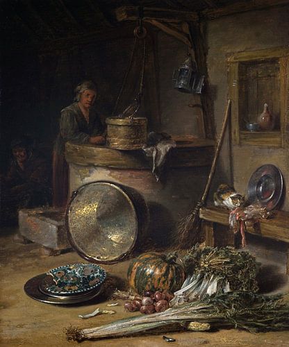 Boereninterieur met vrouw bij een bron, Willem Kalf